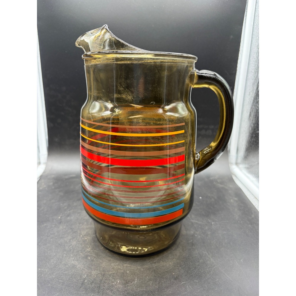 Vintage Libbey Smoky Amber Glass Pitcher Multi Color Stripes Retro 70s MCM 9in